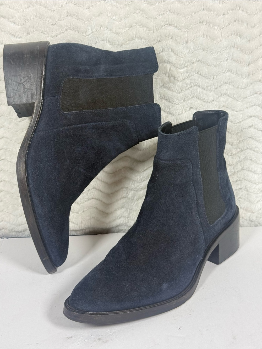 Women's Navy Suede Chelsea Booties with Elastic Side Panels